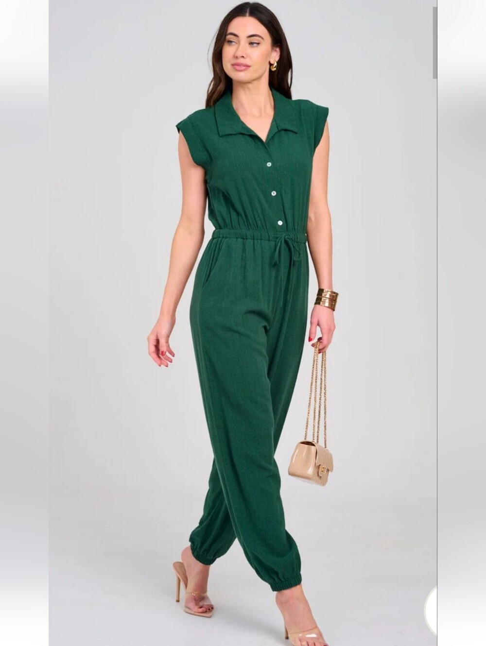 Gilli Sleeveless Button-Front Forest Green Jumpsuit